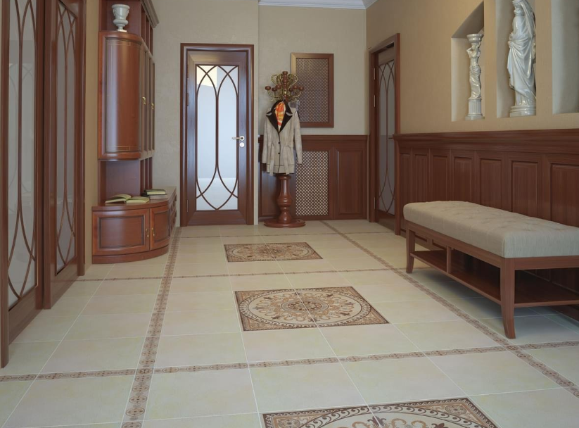 Комбинация с большими квадратными плитками и прямоугольными полосками при оформлении пола коридора