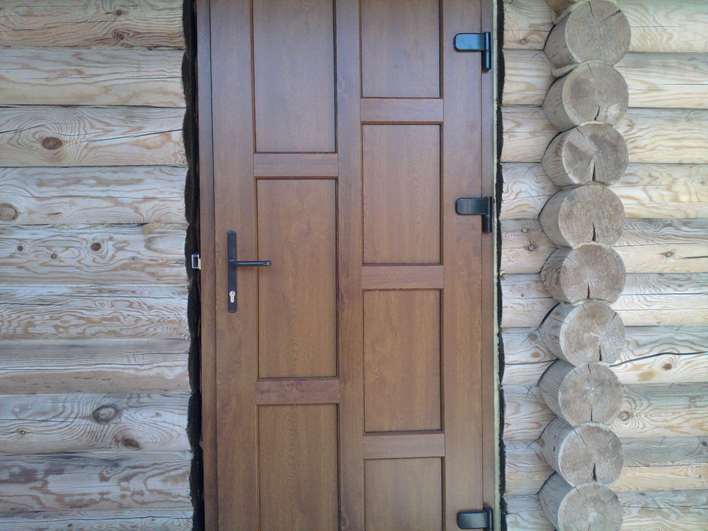 Пластиковая входная дверь глухая на входе в деревянный дом