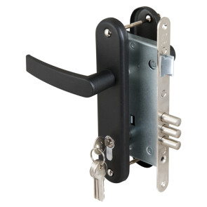 Замок врезной цилиндровый с защёлкой в комплекте с ручкой «ЗВ4-3» 5 кл. Черный муар