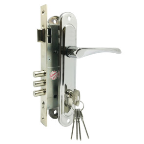 Замок врезной цилиндровый с защёлкой в комплекте с ручкой «ЗВ4-85.3» 5 кл. Хром