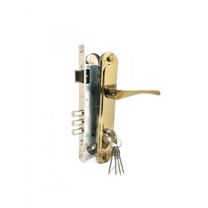 Замок врезной цилиндровый с защёлкой в комплекте с ручкой «ЗВ4-85.3» 5 кл. Золото