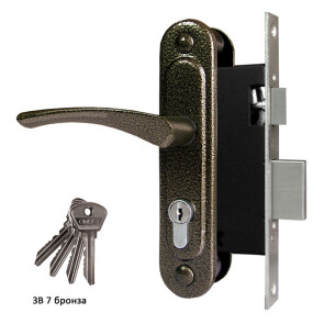 Замок врезной цилиндровый с защёлкой в комплекте с ручкой «ЗВ7» 4 кл. Бронза