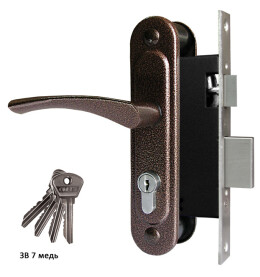 Замок врезной цилиндровый с защёлкой в комплекте с ручкой «ЗВ7» 4 кл. Медь