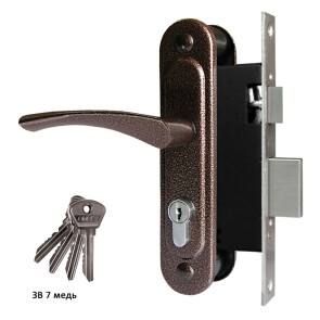 Замок врезной цилиндровый с защёлкой в комплекте с ручкой «ЗВ7» 4 кл. Медь