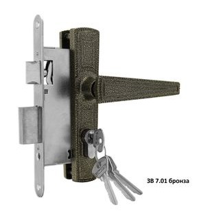 Замок врезной цилиндровый с защёлкой в комплекте с ручкой «ЗВ7.01» 4 кл. Бронза