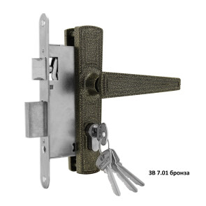 Замок врезной цилиндровый с защёлкой в комплекте с ручкой «ЗВ7.01» 4 кл. Бронза