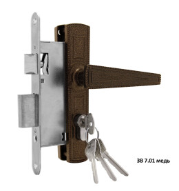 Замок врезной цилиндровый с защёлкой в комплекте с ручкой «ЗВ7.01» 4 кл. Медь