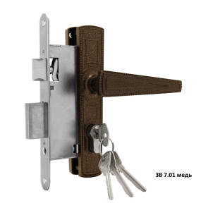 Замок врезной цилиндровый с защёлкой в комплекте с ручкой «ЗВ7.01» 4 кл. Медь