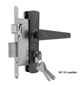 Замок врезной цилиндровый с защёлкой в комплекте с ручкой «ЗВ7.01» 4 кл. Серебро