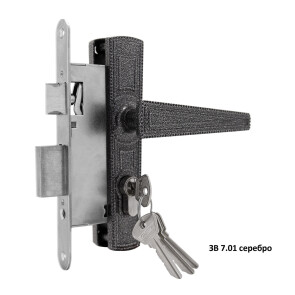 Замок врезной цилиндровый с защёлкой в комплекте с ручкой «ЗВ7.01» 4 кл. Серебро