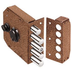 Замок накладной Гранит 1.06.61.МА никель, сув., 4 риг., задв. с защ. шторкой, медный антик /22624/