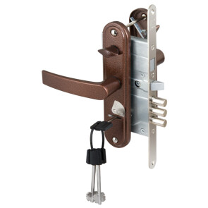 Замок врезной сувальдный с защёлкой в комплекте с ручкой «ЗВ9-8.3/13» (КЛП5-85) правый, 3 кл. Антик Медь