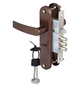 Замок врезной сувальдный с защёлкой в комплекте с ручкой «ЗВ9-8/13» 3 кл. Антик Медь