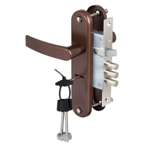 Замок врезной сувальдный с защёлкой в комплекте с ручкой «ЗВ9-8/13» 3 кл. Антик Медь