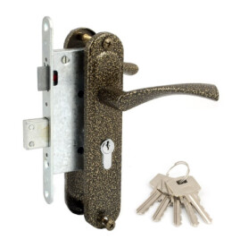 Замок врезной цилиндровый с защёлкой в комплекте с ручкой «Калуга-ЗВ4-3-У-1» 4 кл. Бронза антик