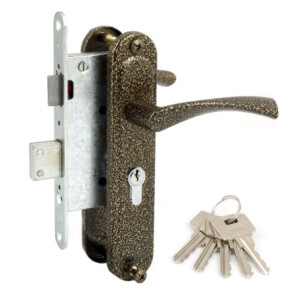 Замок врезной цилиндровый с защёлкой в комплекте с ручкой «Калуга-ЗВ4-3-У-1» 4 кл. Бронза антик