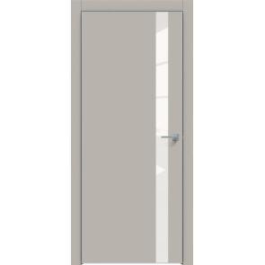 Дверь межкомнатная Concept-702 ПВХ Шелл грей, остекленная, лакобель белый, кромка алюминиевая матовый хром, каркасно-щитовая
