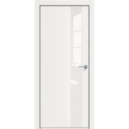 Дверь межкомнатная Concept-703 ПВХ Белоснежно матовый, остекленная, лакобель белый, кромка алюминиевая черная матовая, каркасно-щитовая