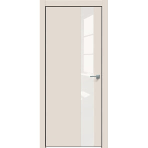 Дверь межкомнатная Concept-703 ПВХ Магнолия, остекленная, лакобель белый, кромка алюминиевая черная матовая, каркасно-щитовая