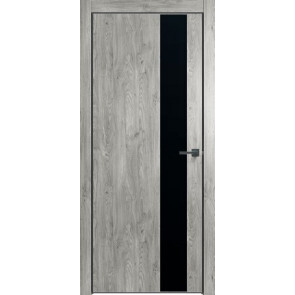 Дверь межкомнатная Future-703 ПВХ Дуб винчестер серый, лакобель чёрный, глухая, кромка алюминиевая черная матовая, каркасно-щитовая