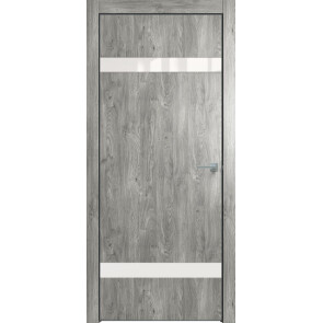 Дверь межкомнатная Future-704 ПВХ Дуб винчестер серый, лакобель белый, глухая, кромка алюминиевая черная матовая, каркасно-щитовая