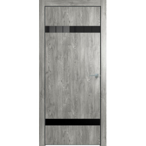 Дверь межкомнатная Future-704 ПВХ Дуб винчестер серый, лакобель чёрный, глухая, кромка алюминиевая черная матовая, каркасно-щитовая