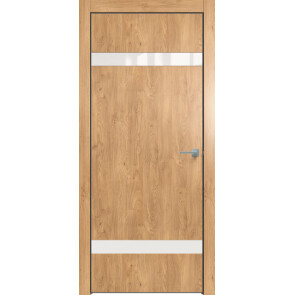 Дверь межкомнатная Future-704 ПВХ Дуб Винчестер светлый, лакобель белый, глухая, кромка алюминиевая черная матовая, каркасно-щитовая