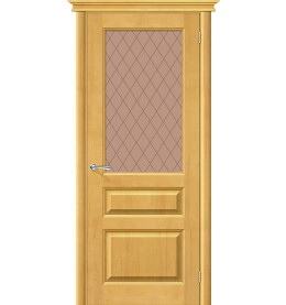 Дверь межкомнатная М5 Массив, Т-04 (Медовый), остекленная, сатинат бронза художественный, филенчатая