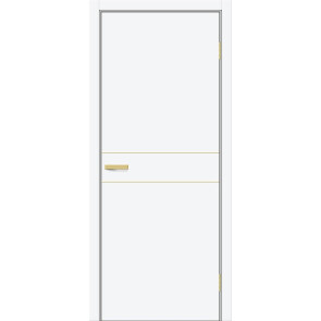 Дверь межкомнатная Браво-0.24.П (SG:P3) ПЭТ White Silk, золотые матовые вставки, глухая, каркасно-щитовая