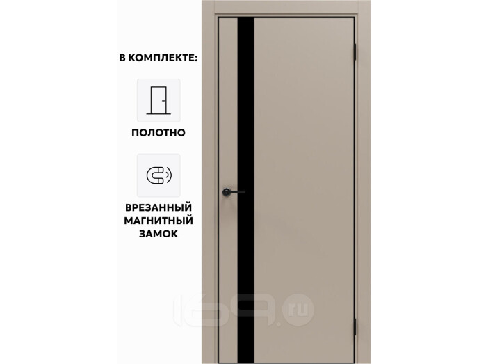 Дверь межкомнатная Порта-51 4AB ПЭТ, Keramik Beige в комплекте с врезанной черной магнитной защелкой, глухая, кромка алюминиевая черная матовая, каркасно-щитовая