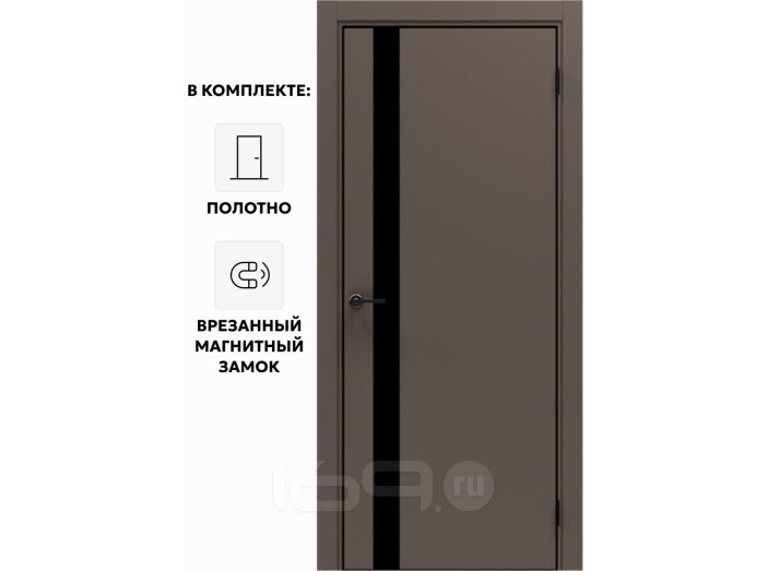 Дверь межкомнатная Порта-51 4AB ПЭТ, Keramik Brown в комплекте с врезанной черной магнитной защелкой, глухая, кромка алюминиевая черная матовая, каркасно-щитовая