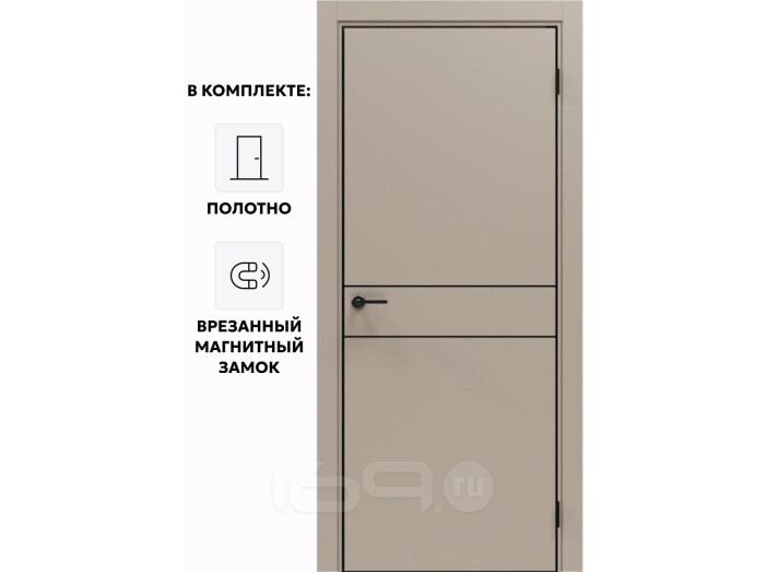 Дверь межкомнатная Порта-52 4AB ПЭТ, Keramik Beige в комплекте с врезанной черной магнитной защелкой, глухая, кромка алюминиевая черная матовая, каркасно-щитовая