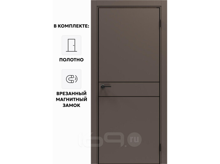Дверь межкомнатная Порта-52 4AB ПЭТ, Keramik Brown в комплекте с врезанной черной магнитной защелкой, глухая, кромка алюминиевая черная матовая, каркасно-щитовая