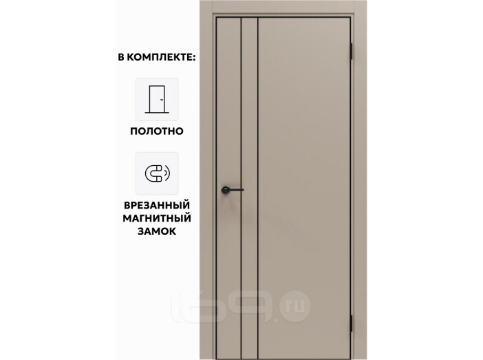Дверь межкомнатная Порта-58 4AB ПЭТ, Keramik Beige в комплекте с врезанной черной магнитной защелкой, глухая, кромка алюминиевая черная матовая, каркасно-щитовая