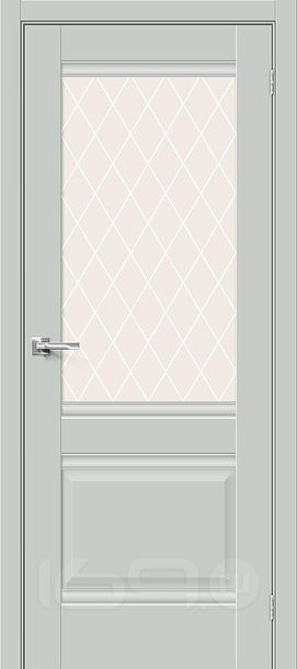 Дверь межкомнатная Прима-3 ПЭТ Grey Silk, остекленная, white сrystal, без кромки, царговая