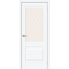 Дверь межкомнатная Прима-3 ПЭТ, White Silk, остекленная, white сrystal, царговая