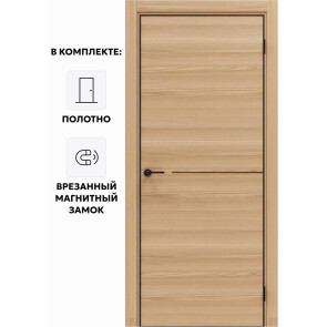 Дверь межкомнатная Порта-50.1 4AB Полипропилен, Natural Oak в комплекте с врезанной черной магнитной защелкой, глухая, кромка алюминиевая черная матовая, каркасно-щитовая