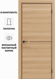 Дверь межкомнатная Порта-50.1 4AB Полипропилен, Natural Oak в комплекте с врезанной черной магнитной защелкой, глухая, кромка алюминиевая черная матовая, каркасно-щитовая