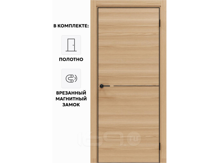 Дверь межкомнатная Порта-50.1 4AB Полипропилен, Natural Oak в комплекте с врезанной черной магнитной защелкой, глухая, кромка алюминиевая черная матовая, каркасно-щитовая
