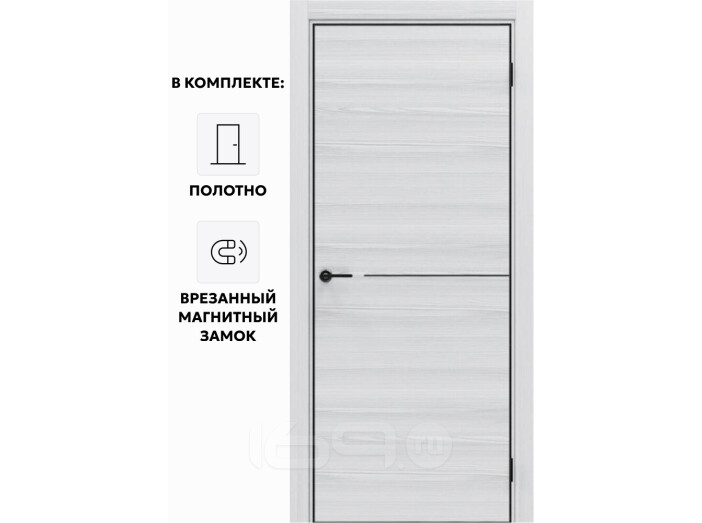 Дверь межкомнатная Порта-50.1 4AB Полипропилен, White Oak в комплекте с врезанной черной магнитной защелкой, глухая, кромка алюминиевая черная матовая, каркасно-щитовая