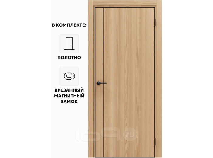 Дверь межкомнатная Порта-50.11 4AB Полипропилен, Natural Oak в комплекте с врезанной черной магнитной защелкой, глухая, кромка алюминиевая черная матовая, каркасно-щитовая