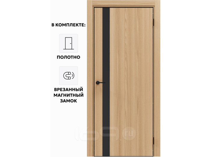 Дверь межкомнатная Порта-51 4AB Полипропилен, Natural Oak в комплекте с врезанной черной магнитной защелкой, глухая, кромка алюминиевая черная матовая, каркасно-щитовая