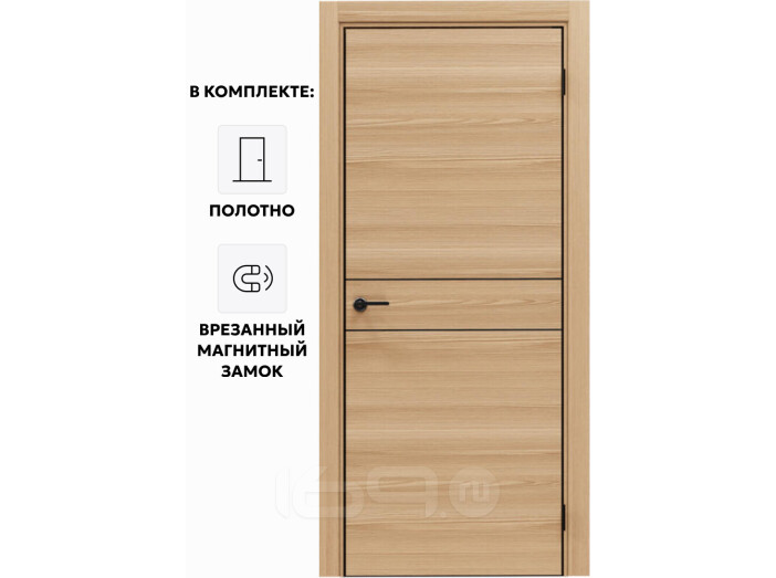 Дверь межкомнатная Порта-52 4AB Полипропилен, Natural Oak в комплекте с врезанной черной магнитной защелкой, глухая, кромка алюминиевая черная матовая, каркасно-щитовая
