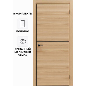 Дверь межкомнатная Порта-52 4AB Полипропилен, Natural Oak в комплекте с врезанной черной магнитной защелкой, глухая, кромка алюминиевая черная матовая, каркасно-щитовая