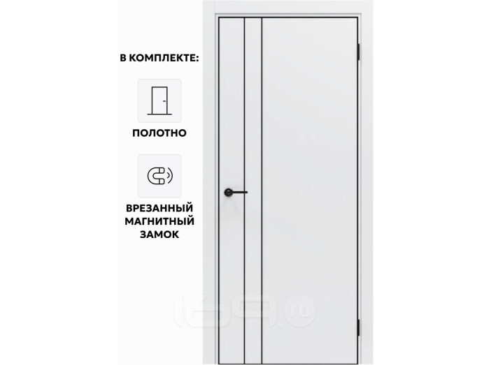 Дверь межкомнатная Порта-58 4AB высота 220 Полипропилен, Alaska в комплекте с врезанной черной магнитной защелкой, глухая, кромка алюминиевая черная матовая, каркасно-щитовая