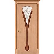 Дверь межкомнатная шпонированная «Флора» Дуб (Шпон файн-лайн) остекление Сатинато белое, витраж