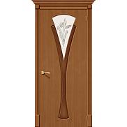 Дверь межкомнатная шпонированная «Флора» Орех (Шпон файн-лайн) остекление Сатинато белое, витраж