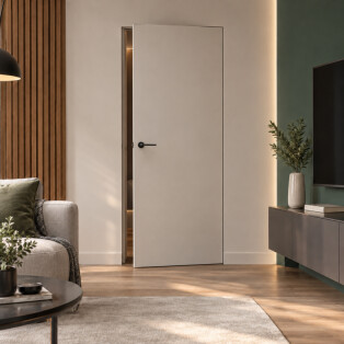 Дверь межкомнатная Порта Invisible 4A ПЭТ, Keramik Beige, глухая, скрытая, кромка алюминиевая матовый хром, каркасно-щитовая