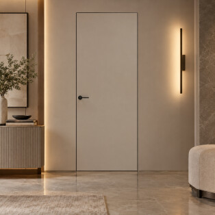 Дверь межкомнатная Порта Invisible 4A ПЭТ, Keramik Beige, глухая, скрытая, кромка алюминиевая черная матовая, каркасно-щитовая