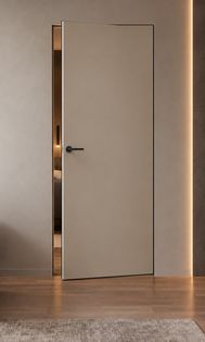 Дверь межкомнатная Порта Invisible Reverse 4A ПЭТ, левое открывание, Keramik Beige, глухая, скрытая, кромка алюминиевая матовый хром, каркасно-щитовая